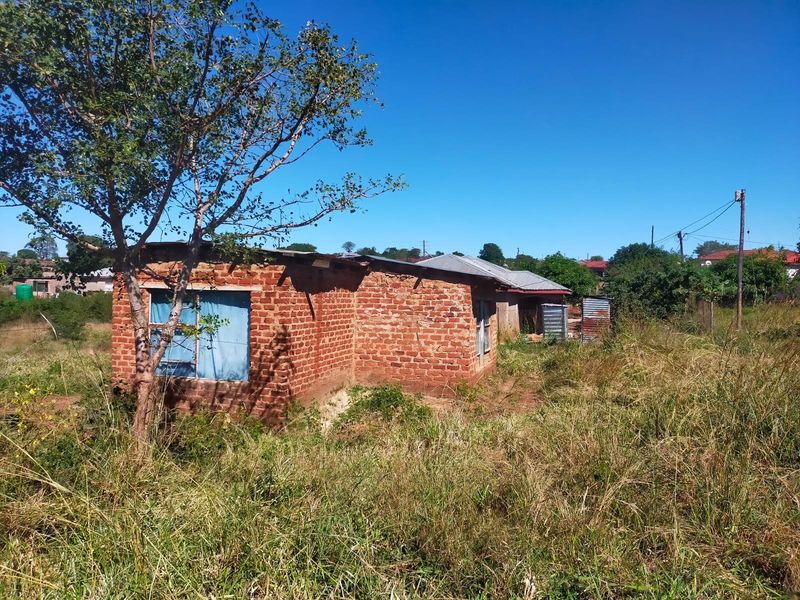 A view of a basic brick structure situated on a large, overgrown residential plot, showing significant signs of wear and maintenance requirements.