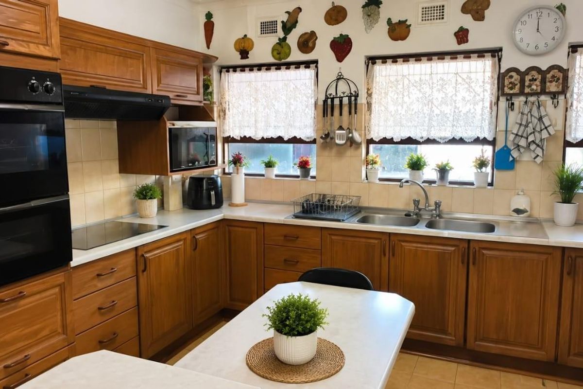 A traditional kitchen featuring timber cabinetry, a double-bowl sink, built-in double oven, and tiled splashbacks with ample counter space.