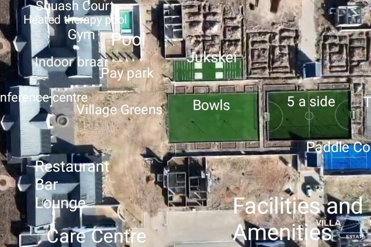 Aerial view of the estate facilities including sports courts, swimming pool, clubhouse amenities, and care centre under development.