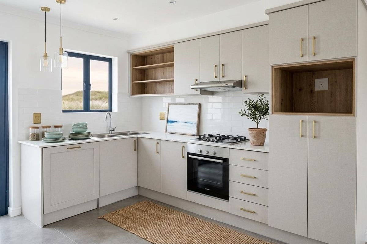 Modern kitchen featuring light-toned cabinetry, integrated oven, gas hob, extractor fan, subway tile backsplash, and sleek brass hardware.