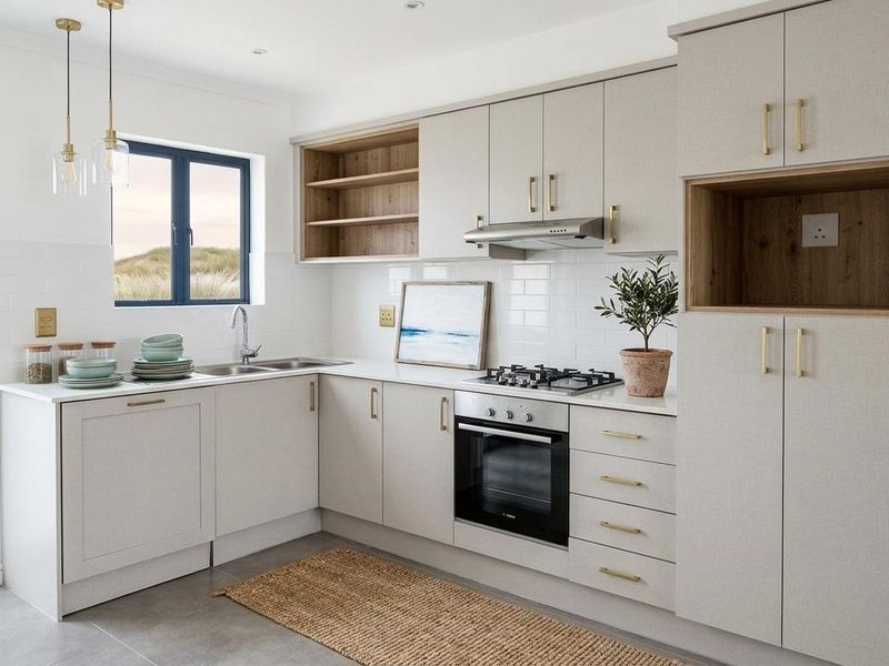 Modern kitchen featuring light-toned cabinetry, integrated oven, gas hob, extractor fan, subway tile backsplash, and sleek brass hardware.