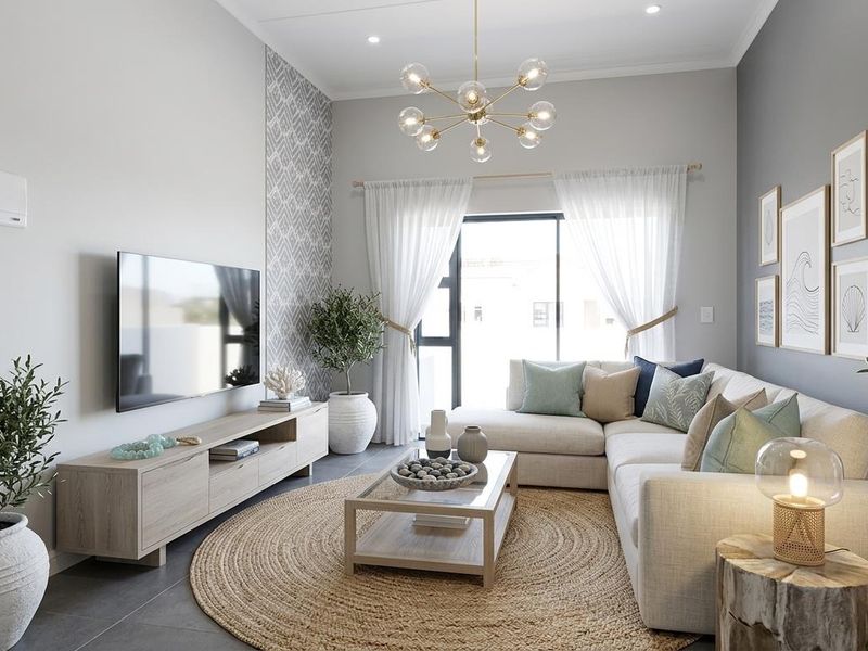 Modern living room featuring tiled flooring, feature wallpaper, recessed downlights, a contemporary chandelier, and sliding glass doors leading to an outdoor area.