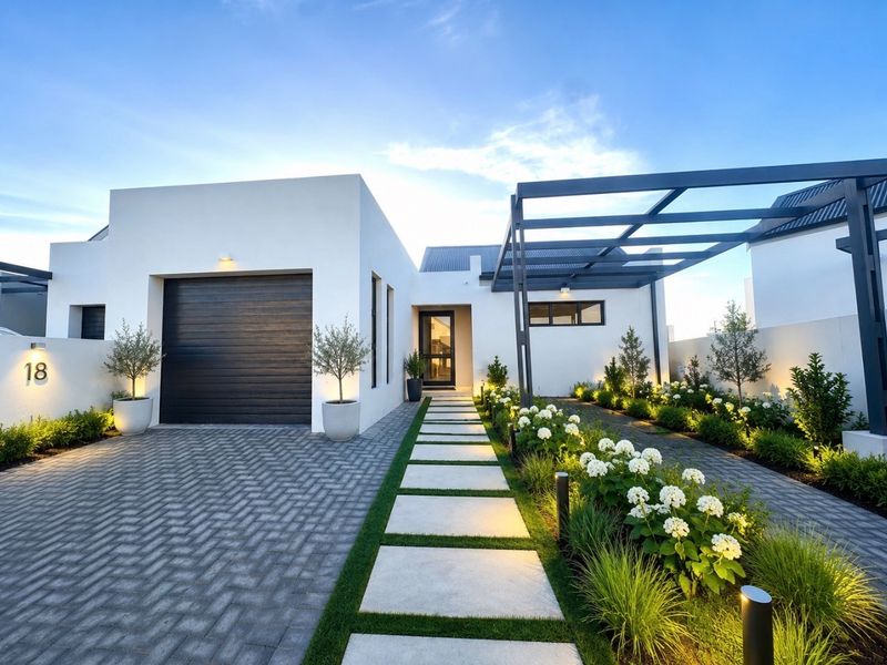 Modern front facade featuring a paved driveway, automated garage, stone pathway, and a metal pergola with integrated garden lighting.