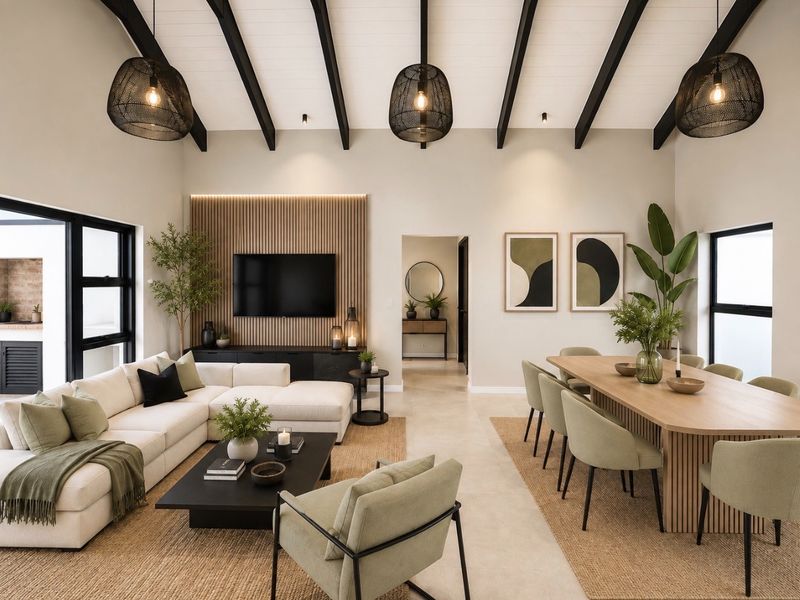 Spacious open-plan living and dining area featuring high ceilings with exposed timber beams, a modern slatted feature wall, and large black-framed windows.