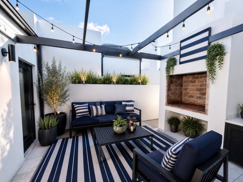 A beautifully presented outdoor patio featuring a built-in brick fireplace, modern pergola structure with string lighting, and integrated planter boxes.