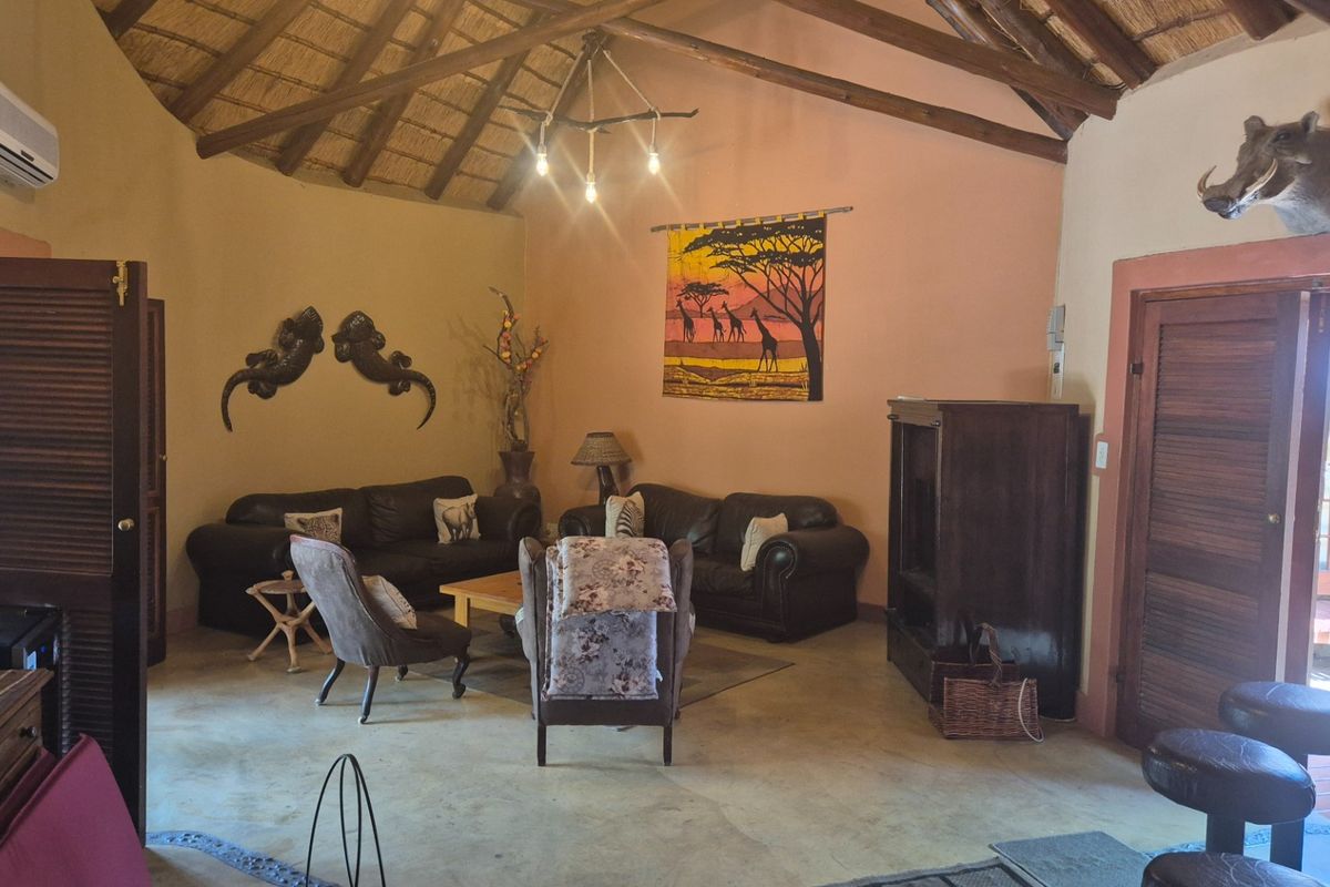 Spacious living room featuring a high vaulted thatched ceiling with exposed timber beams, polished concrete flooring, and a wall-mounted air conditioning unit.