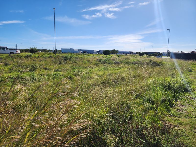A view of a vacant residential plot featuring natural grass coverage and surrounding infrastructure in the distance.