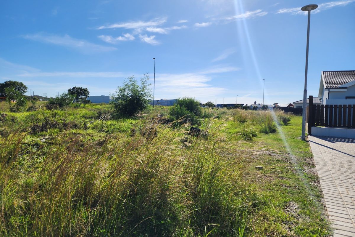 A vacant residential plot featuring natural grass, shrubs, and a paved walkway adjacent to an existing property boundary.