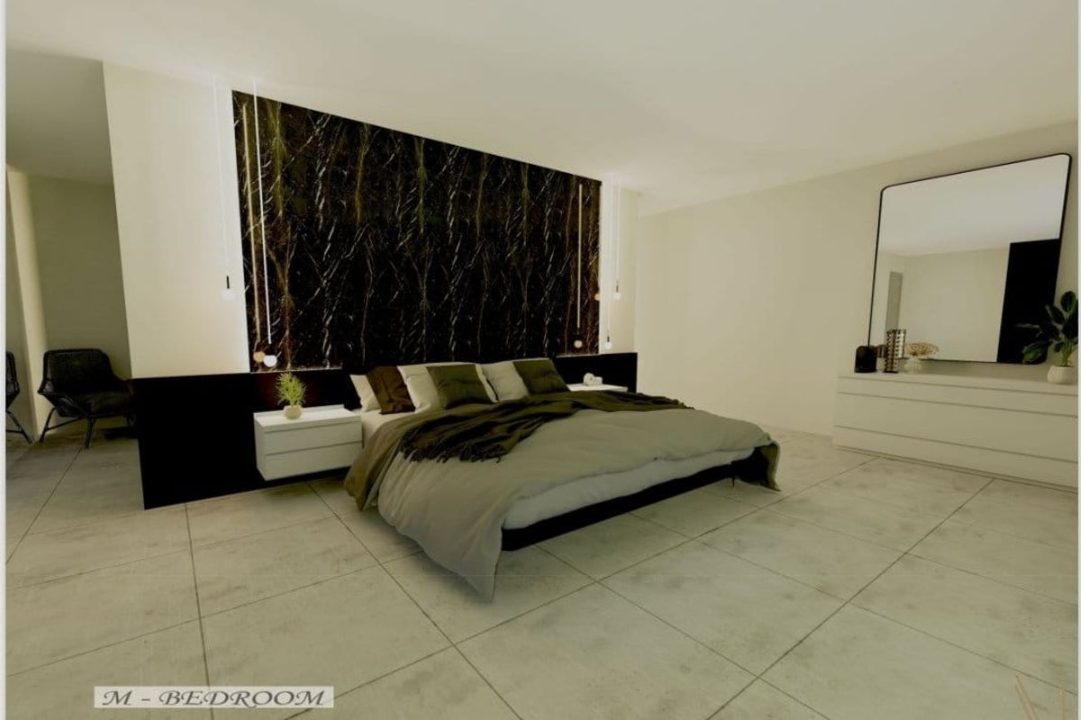 A modern master bedroom featuring a striking dark marble feature wall, neutral floor tiles, and minimalist built-in bedside cabinetry.