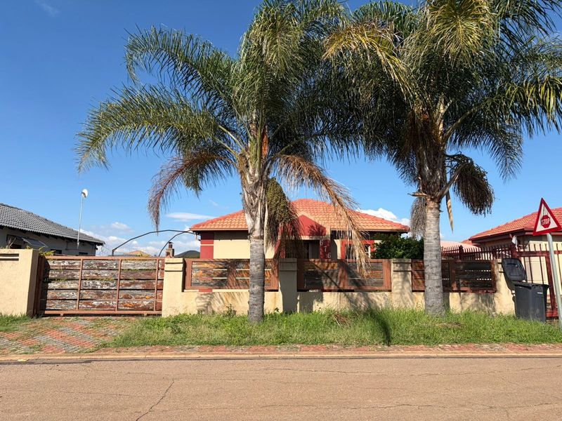 Front view of a residential property featuring a perimeter wall, timber gate, and mature palm trees.