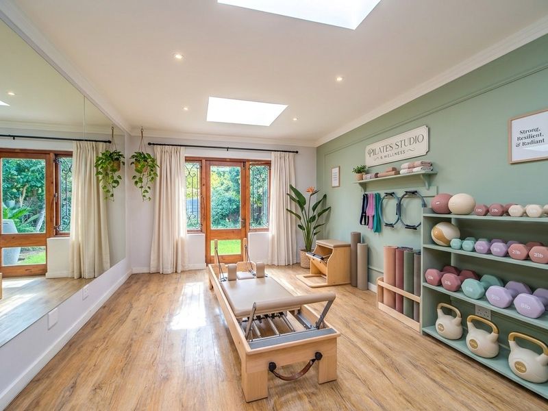 A bright and well-maintained home gym featuring timber-look flooring, skylights, and a full-length wall mirror, with direct access to the garden.