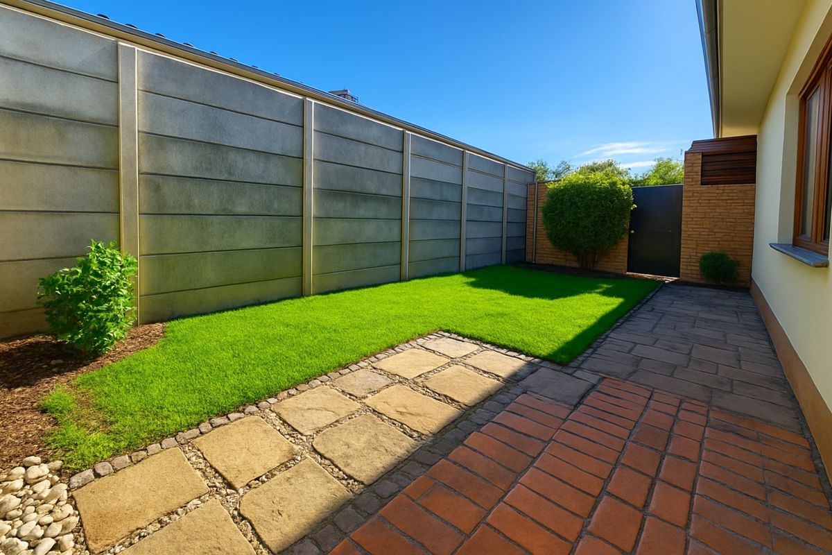 A well-maintained rear garden featuring a manicured lawn, paved stone walkway, and a secure perimeter boundary wall.