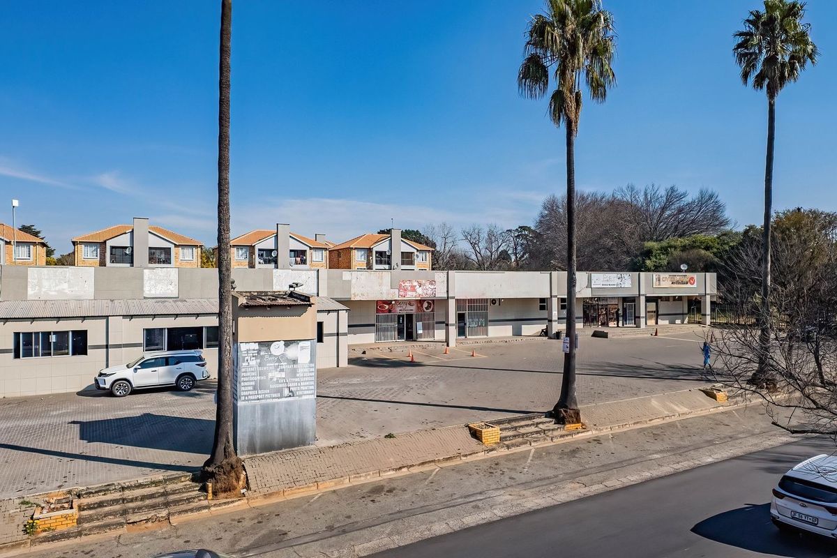 Front view of a commercial property featuring multiple storefronts, a paved parking area, and established palm trees.