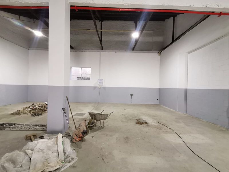Spacious industrial utility space featuring high ceilings, exposed fire suppression piping, and a neutral two-tone wall finish, suitable for various commercial or storage applications.