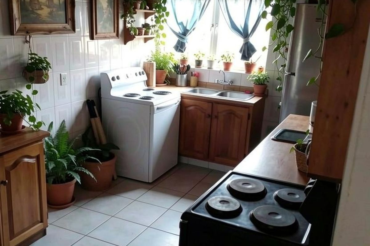 A dated kitchen featuring wooden cabinetry, tiled walls, and a wood-paneled ceiling, equipped with a freestanding stove and double-basin sink.