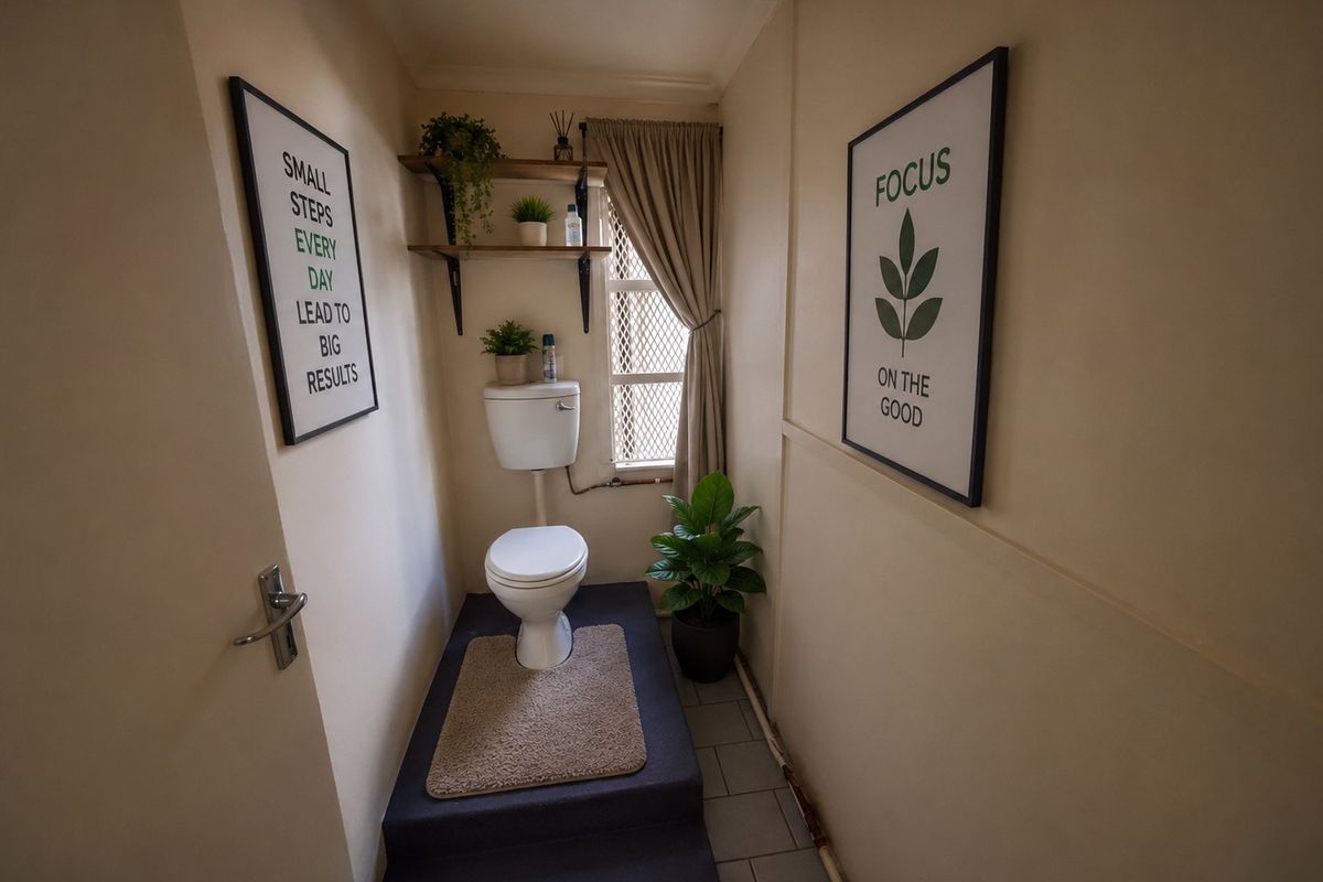 A compact restroom featuring a standard toilet, elevated platform, and wall-mounted shelving, providing functional utility in a small footprint.