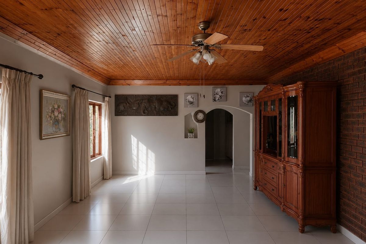 Spacious living room featuring a warm timber tongue and groove ceiling, tiled flooring, and a characterful exposed brick feature wall.