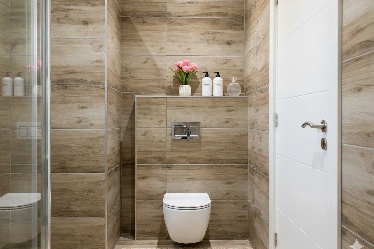 Modern bathroom featuring wood-look wall tiles, a wall-mounted toilet with a concealed cistern, and a glass-enclosed shower area.