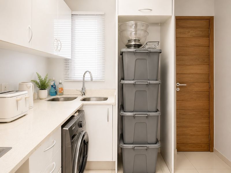 A functional laundry area featuring built-in cabinetry, dual stainless steel sinks, stone countertops, and space for a washing machine.