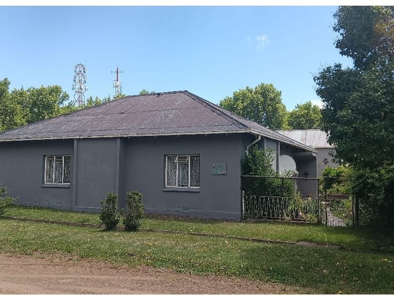 A detached single-story house featuring a corrugated metal roof, grey painted exterior walls, and security bars on the windows, set within a garden plot.