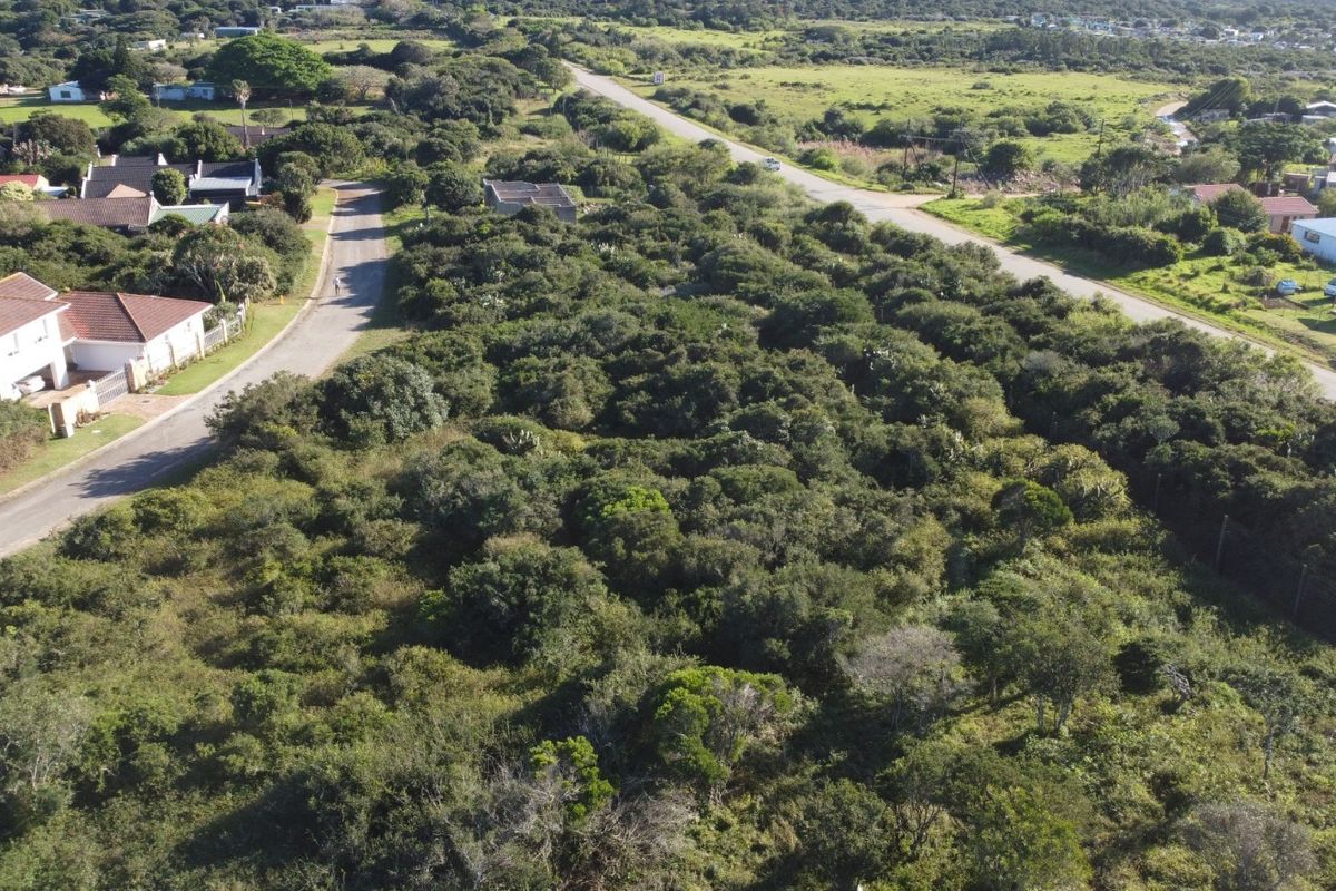 An aerial view of a vacant residential plot covered in dense indigenous vegetation, situated in a developed suburban area with established road access.