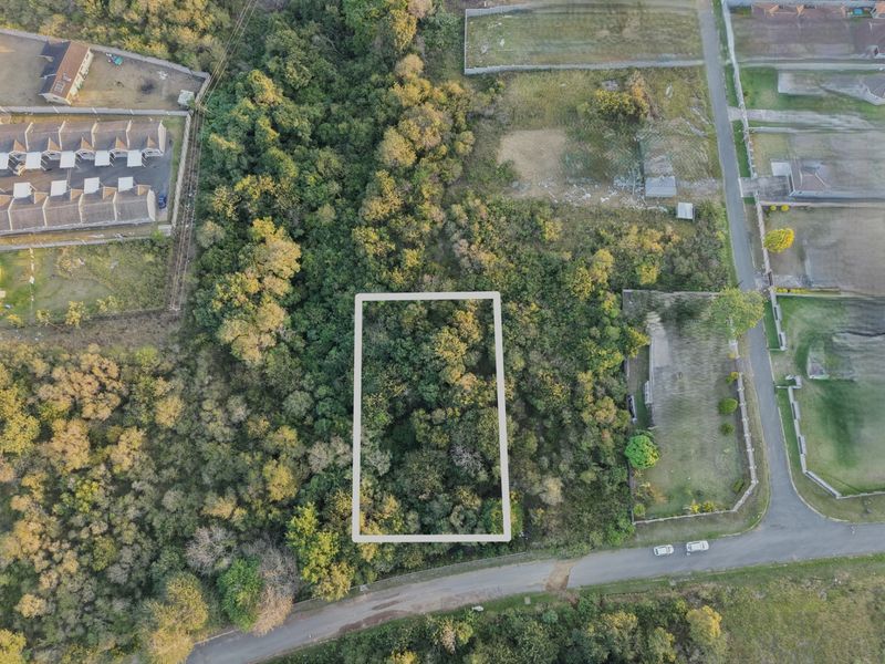An aerial view of a vacant residential plot heavily covered in mature trees and natural vegetation, highlighting the property boundaries.