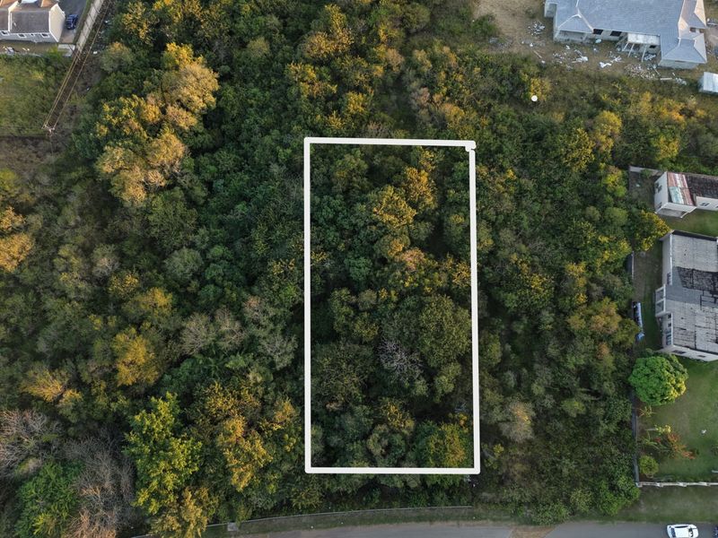 Aerial view of a vacant residential plot densely covered with mature trees and vegetation, highlighting the property boundaries.