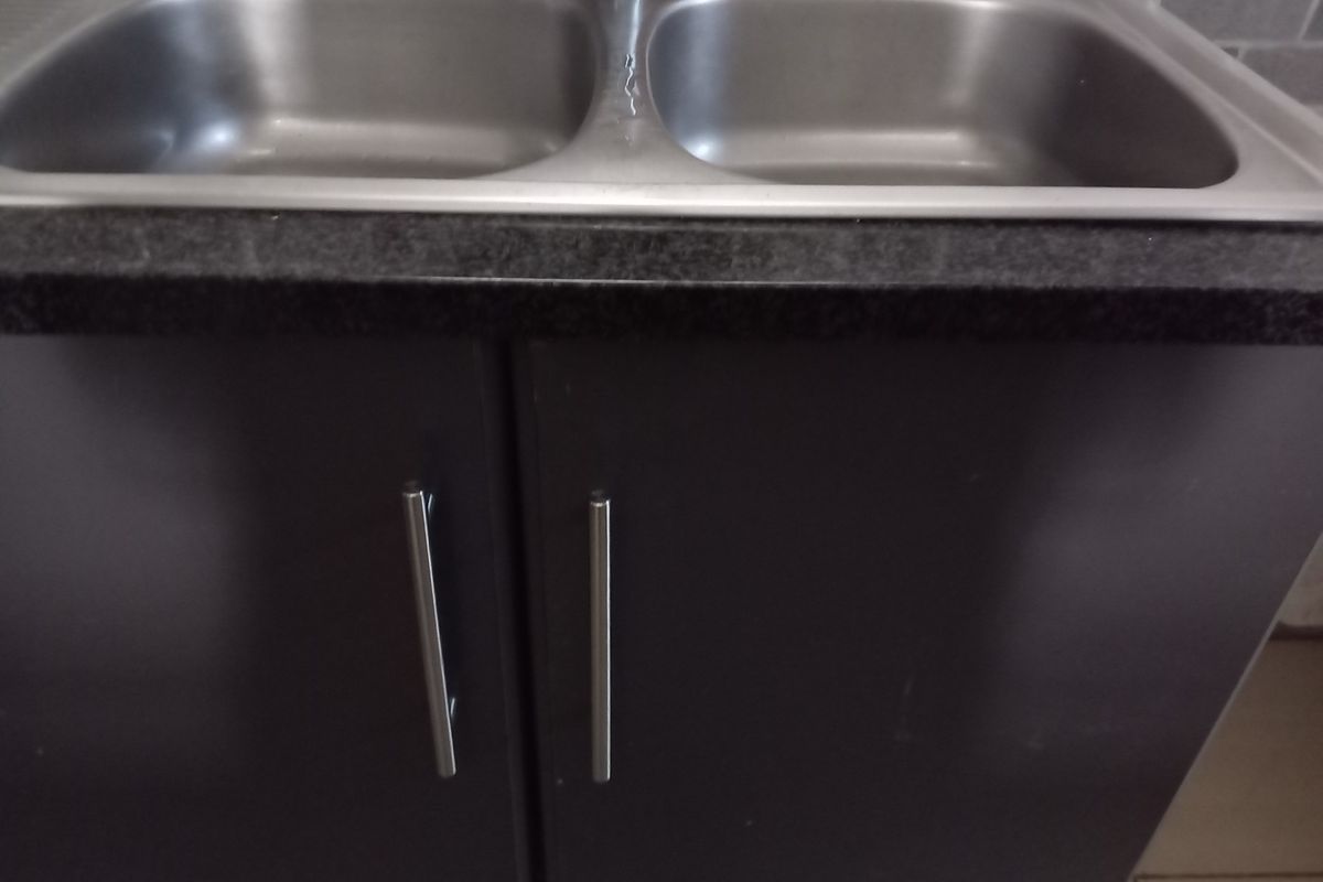 A close-up view of a kitchen sink area featuring a stainless steel double basin, dark cabinetry, and a tiled backsplash.
