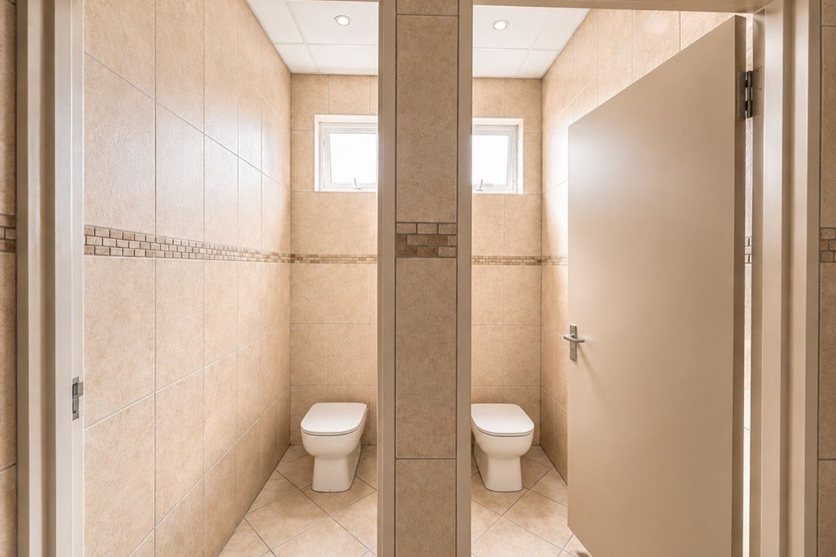 Two separate toilet cubicles featuring tiled walls, tiled flooring, and recessed ceiling lighting in a commercial setting.