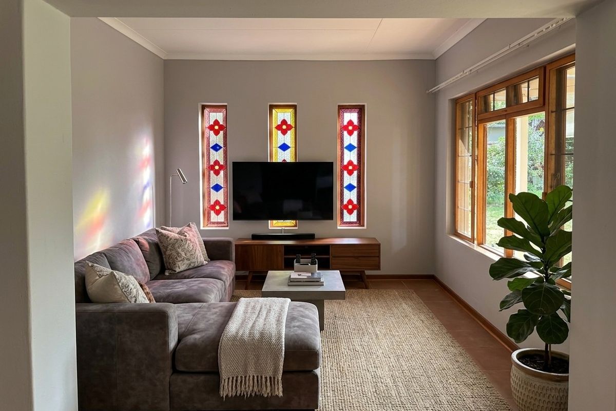 A cozy living room featuring distinctive stained glass windows, tiled flooring, and large timber-framed windows overlooking the garden.