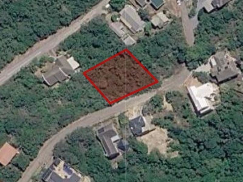 An aerial view of a vacant residential plot highlighted in red, situated within a developed neighborhood with established vegetation and road access.