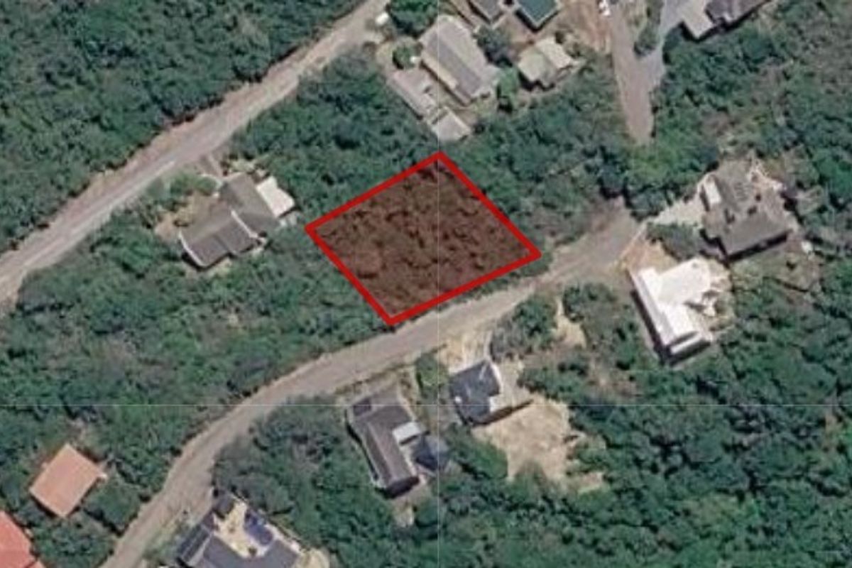 An aerial view of a vacant residential plot highlighted in red, situated within a developed neighborhood with established vegetation and road access.
