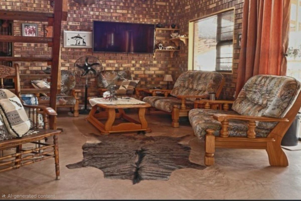 A rustic living room featuring exposed face-brick walls, a concrete floor, and a wooden staircase, creating a warm and traditional atmosphere.
