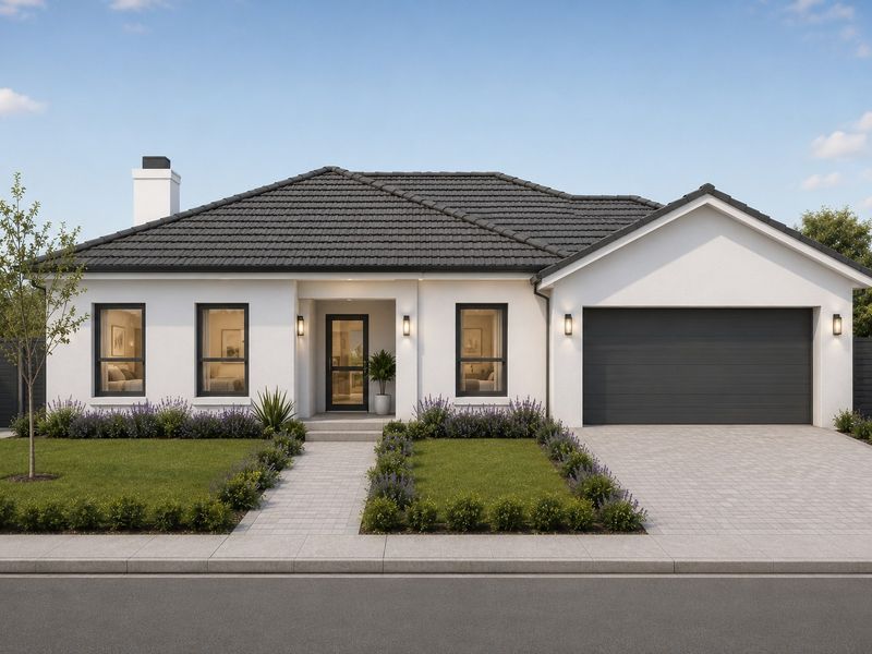 Modern single-story house exterior featuring a tiled roof, paved driveway, integrated garage, and landscaped front garden.