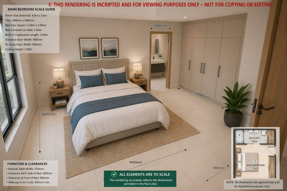 A spacious bedroom featuring built-in cupboards, tiled flooring, and direct access to an en-suite bathroom, presented as a scale-accurate architectural rendering.