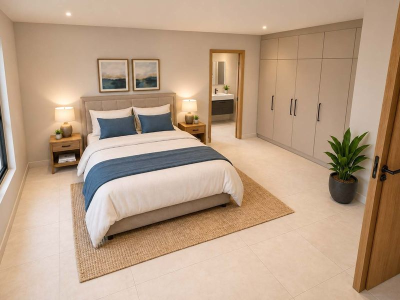 A modern, well-maintained bedroom featuring neutral tiled flooring, extensive built-in cabinetry, recessed lighting, and an en-suite bathroom access.