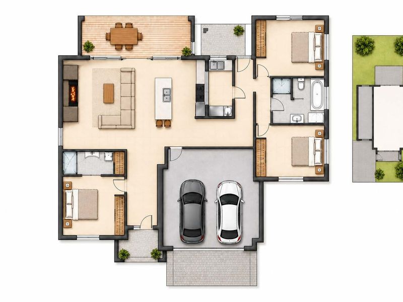 A detailed architectural floor plan showing a three-bedroom layout with an open-plan living area, kitchen, double garage, and outdoor deck space.