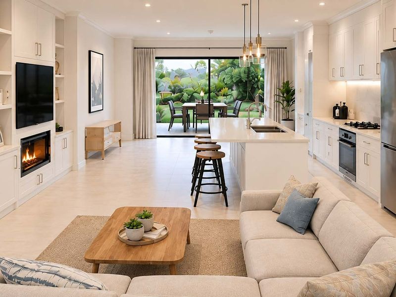 Spacious open-plan living area featuring a modern kitchen with stone island, built-in cabinetry, fireplace, and seamless flow to the outdoor patio.