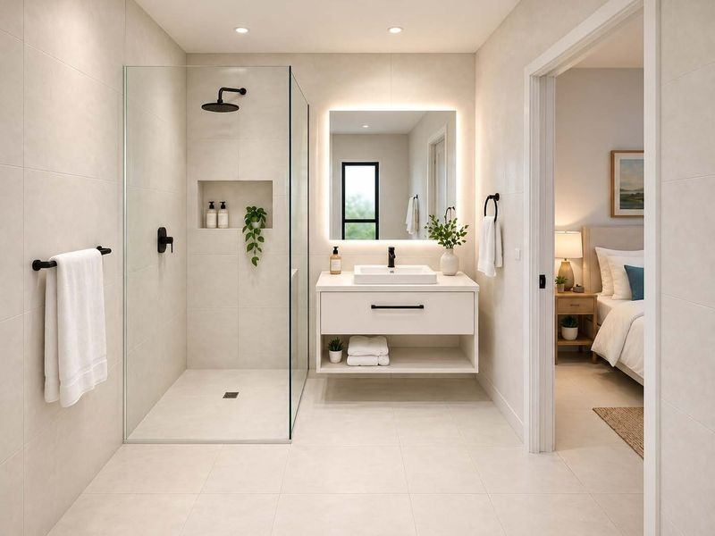 Modern, well-appointed bathroom featuring a walk-in shower with glass screen, wall-mounted vanity, and a sleek backlit mirror.