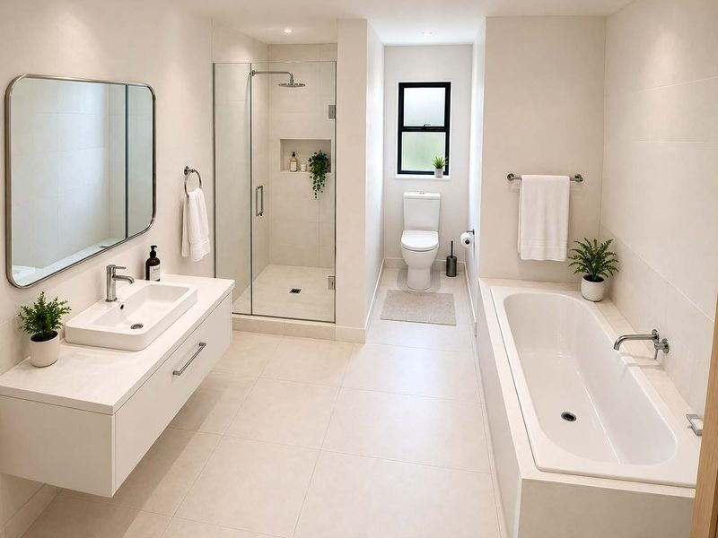 Modern, well-appointed bathroom featuring a floating vanity, walk-in shower with built-in niche, and a separate bathtub with clean, neutral finishes.