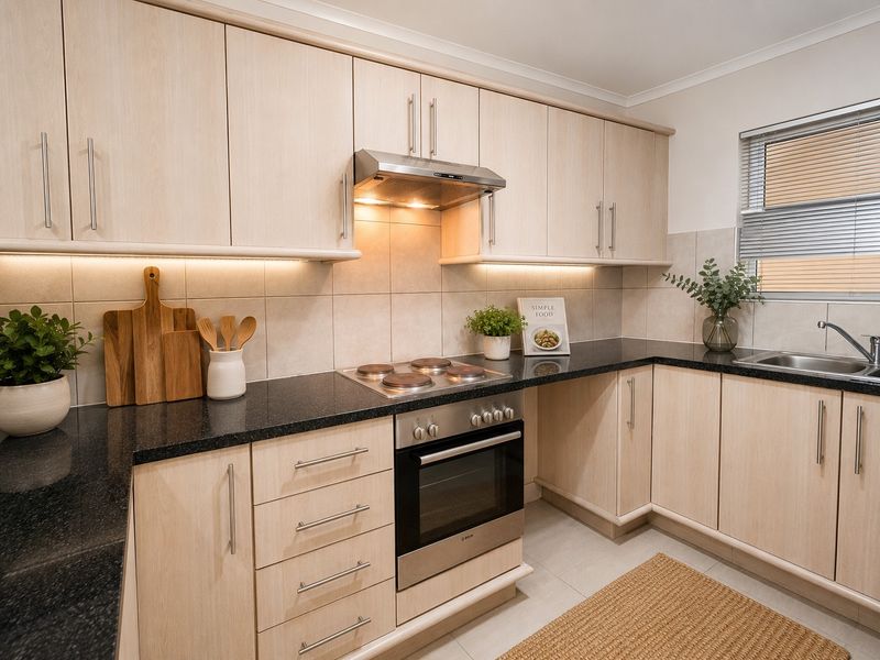 Modern kitchen featuring light wood-tone cabinetry, dark granite countertops, integrated stainless steel appliances, and under-cabinet lighting.
