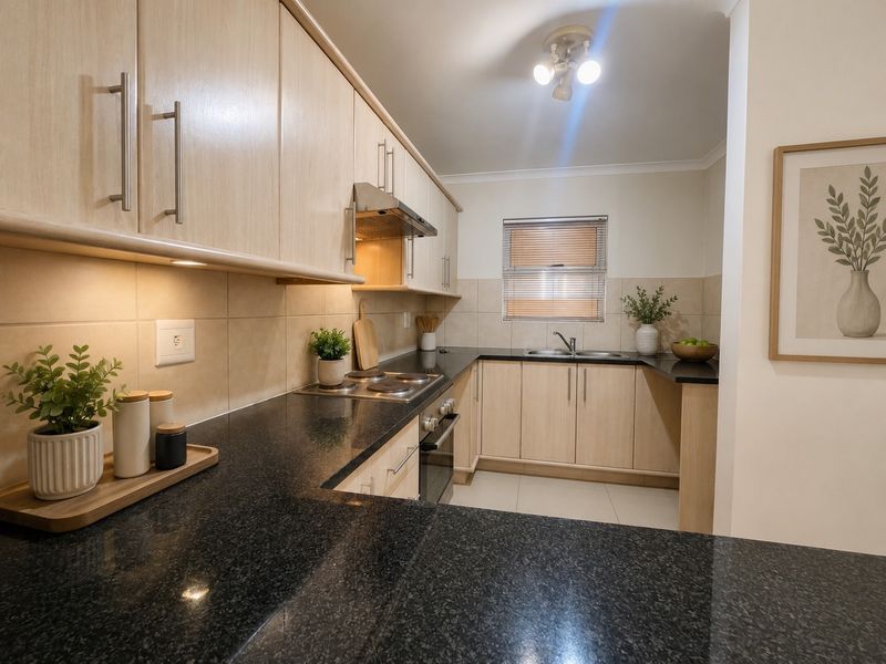 A functional kitchen featuring light wood-tone cabinetry, dark granite countertops, integrated appliances, and a tiled backsplash with under-cabinet lighting.