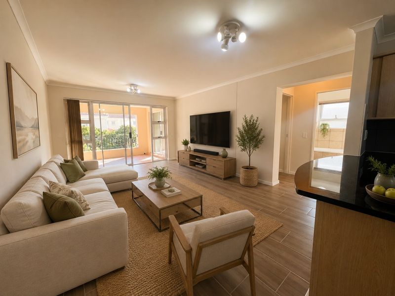 A bright open-plan living area featuring tiled flooring, modern ceiling lighting, and sliding glass doors leading to a private balcony.