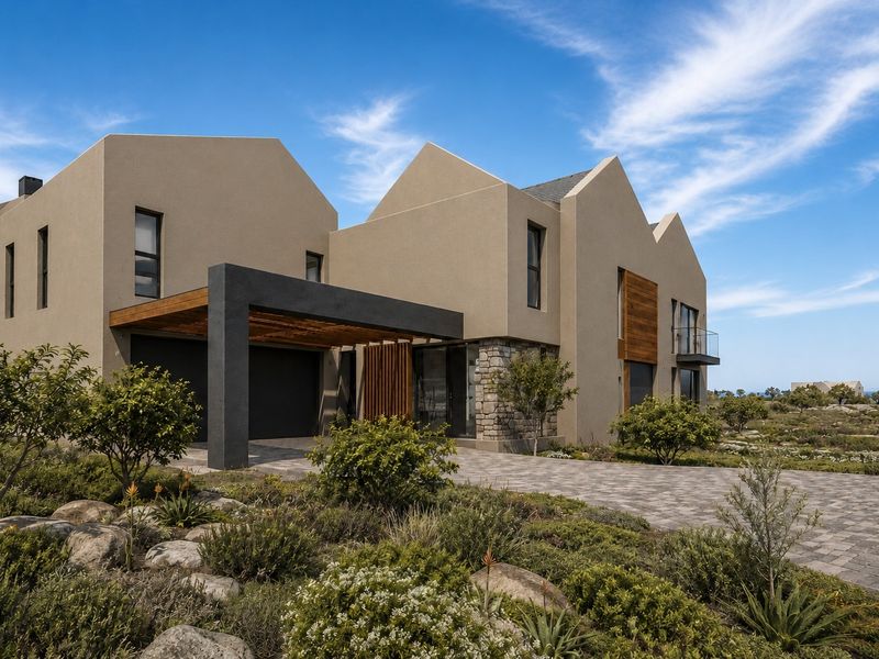 Modern architectural residence featuring stone cladding, timber accents, a paved driveway, and a covered entrance, set within a landscaped coastal environment.