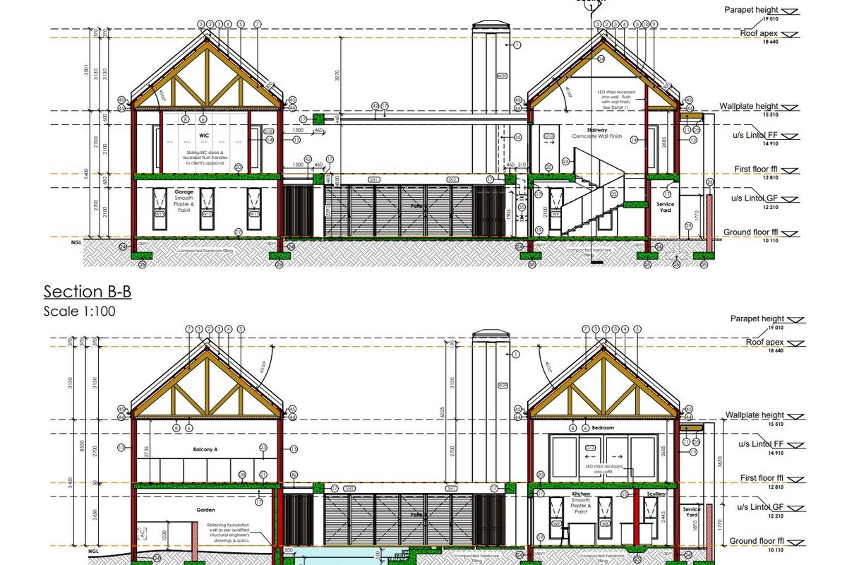 Architectural section drawings detailing the structural layout, foundation, and vertical profile of the proposed residential property.