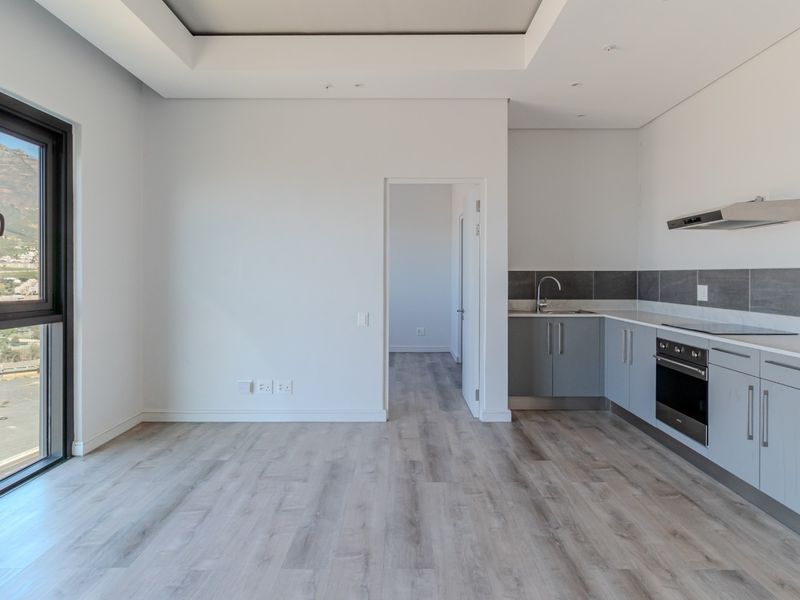 Modern open-plan kitchen and living area featuring sleek grey cabinetry, built-in oven, extractor fan, and light wood-look flooring with expansive mountain views.