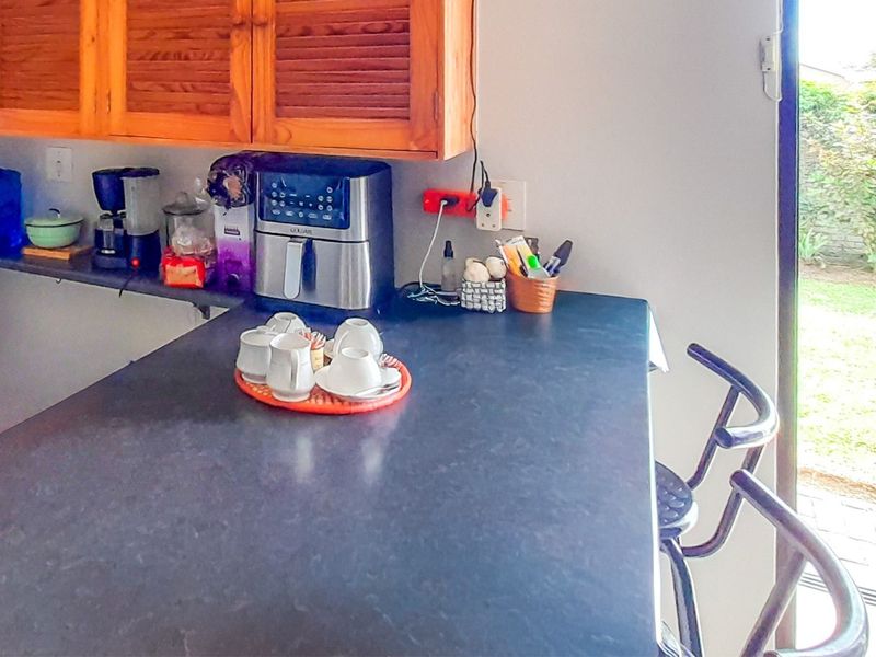 Kitchen area featuring a dark laminate countertop, wooden cabinetry, and direct access to the outdoor garden space.