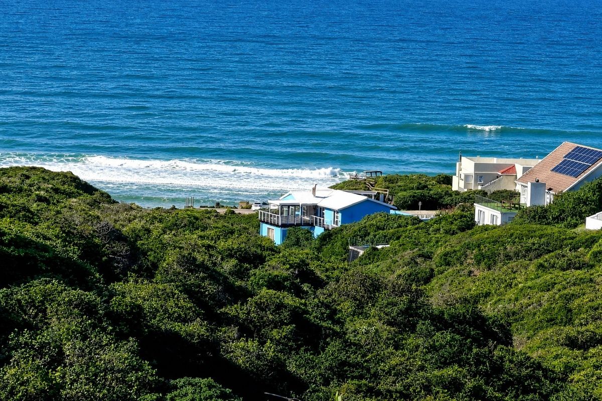 Elevated aerial view of a coastal property nestled in lush greenery, featuring direct ocean views and proximity to the shoreline.