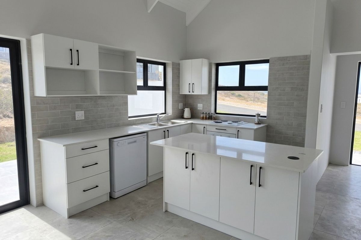 Modern kitchen featuring white cabinetry, stone countertops, a central island, subway tile backsplash, and vaulted ceilings with ample natural light.
