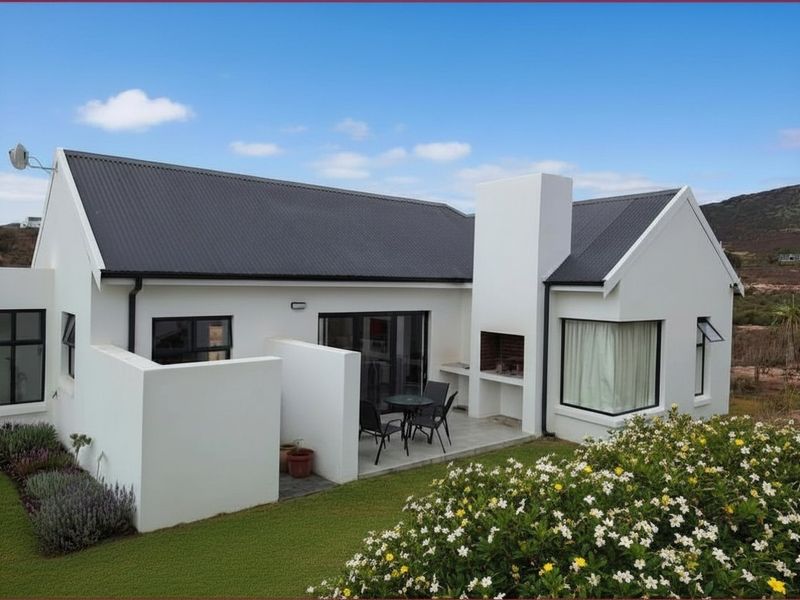 Rear view of a modern white house featuring a corrugated metal roof, a built-in braai area, and a paved patio overlooking the garden.